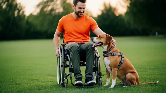 A happy young man in a wheelchair lovingly pets his assistance dog in a sunny park, a scene depicting recovery, positivity, and animal-assisted therapy