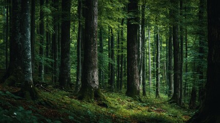 Fototapeta premium dark green beech stand growe texture in summer forest tree trunks in shadows no logos no brands ar 169