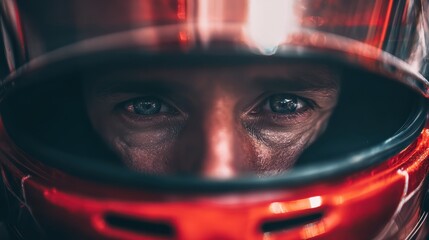 formula 1 driver awaits race start red helmet focused eyes anticipation motorsport tech speed portrait captures determination resolve intensity competition action fast car racing