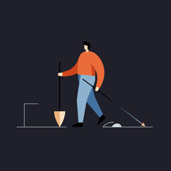 Determined person uses a shovel and measuring tool to uncover a hidden target, symbolizing strategic planning, effort, and problem-solving for business goals.