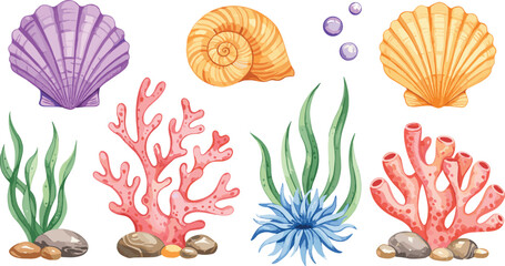 Art & IllustrationUnderwater ocean life illustration with coral, fish, seaweed, seashells, starfish, jellyfish, watercolor marine elements, aquatic decor, reef scene