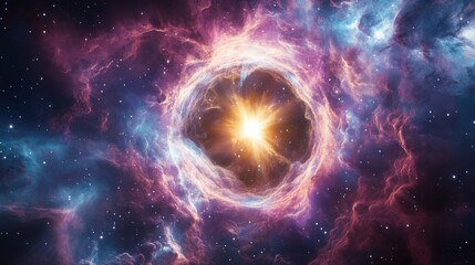 Fototapeta premium Vibrant nebula with glowing star at its center, cosmic dust and gas clouds in deep space, colorful galaxy exploration