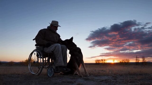 The silhouette of an elderly man in a wheelchair and his service dog, a german shepherd, watching the sunset together, a touching scene of companionship, loyalty, and hope