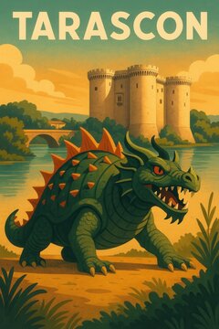 A spiked green Tarasque monster stands menacingly by a calm river with the round towers of Tarascon fortress rising in the background in France