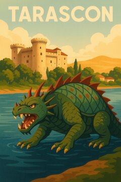 A green mythical Tarasque creature emerges from the river in front of the historic medieval castle of Tarascon under a clear sky in southern France
