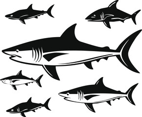 Obraz premium Shark Silhouettes: A collection of detailed shark silhouettes, showcasing various angles and perspectives, against a neutral backdrop, perfect for design and educational materials.