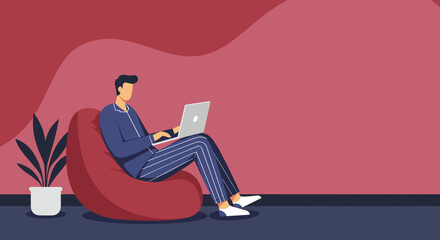A man in comfortable pajamas works remotely on his laptop from a cozy bean bag chair at home, embodying modern work-life balance and digital productivity.