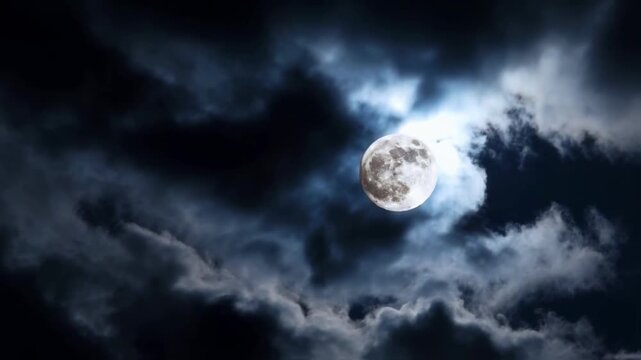 A bright full moon shines through dramatic dark clouds in the night sky, a mysterious and tranquil celestial background for concepts of wonder, horror or astrology