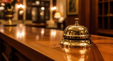 Golden Service Bell on Wooden Reception Desk in Elegant Hotel Lobby