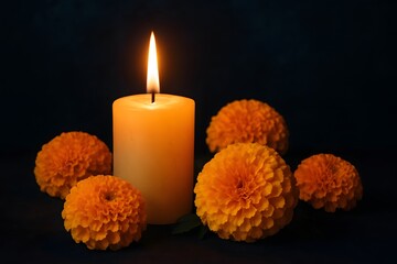 Day of the Dead Candle and Marigolds on Dark Background for Remembrance and Tradition