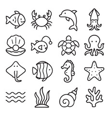 Collection of Sea Animal Icons Ocean Wildlife Marine Life Doodle Style Hand Drawn Vector Illustration Black and White Line Art