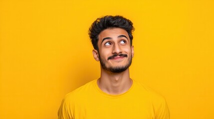 Fototapeta premium happy joyful smiling young indian man looking aside up thinking of new good opportunities dreaming feeling inspired and proud standing isolated on yellow background portrait no logos no brands ar 169