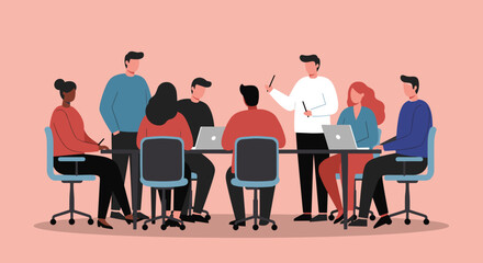 Diverse business team collaborating in a professional meeting, discussing strategies and ideas. Ideal for corporate communication, teamwork, and office environment concepts.
