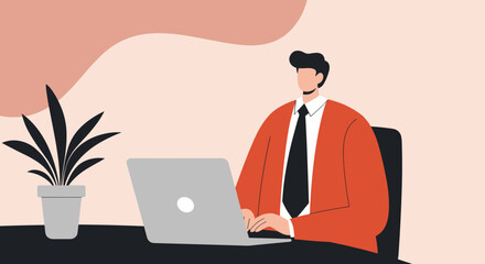 Professional man in a suit jacket working diligently on his laptop at a modern office desk with a plant. Ideal for business, remote work, or online education concepts.