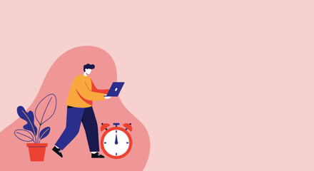 Man walking with a laptop, representing productivity, remote work, and time management against a pastel background with an alarm clock and plant. Ideal for business, technology, or lifestyle concepts.