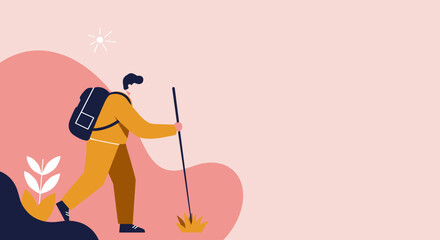 An illustration of a person with a backpack and walking stick, hiking through a serene, stylized outdoor landscape. Represents adventure, exploration, and a healthy lifestyle.