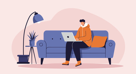 Young man comfortably working or studying on his laptop from a cozy sofa in a modern home environment, ideal for remote work concepts.