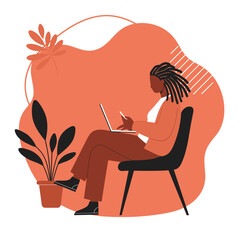 Focused Black woman working remotely with laptop and smartphone, embodying productivity and modern professional lifestyle in a minimalist setting.