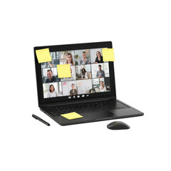 Busy Virtual Team Meeting on Laptop with Sticky Notes