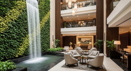 Luxurious Hotel Lobby with Indoor Waterfall and Modern Elegant Decor
