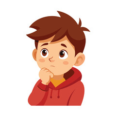 Thoughtful Young Boy Vector Illustration on White Background.