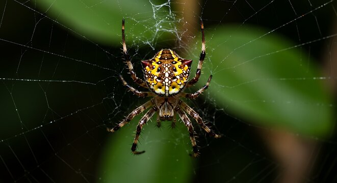 Close up of a garden spider on its web.