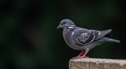 Detailed close-up of a pigeon perched on a weathered wooden fence against a dark backdrop