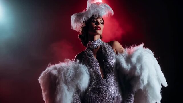 A glamorous showgirl in a sparkling silver costume with a large feather boa poses on a dramatic stage, representing vintage burlesque, cabaret performance, and retro fashion