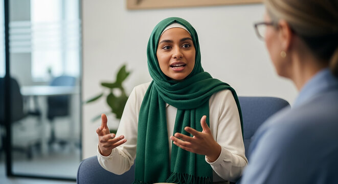 Muslim woman talking with her female coworker in the office
