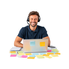 Happy Customer Service Representative Working on Laptop with Sticky Notes