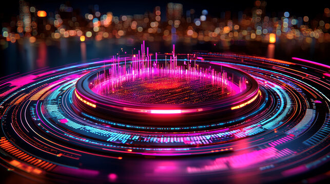 Vibrant digital interface displays colorful data visualizations with neon lights, set against blurred cityscape background. futuristic design suggests advanced technology and innovation - Powered by Adobe