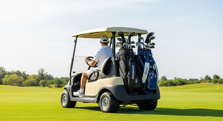 Golfer driving golf cart on sunny golf course