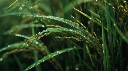 Naklejka premium dew drops on rice plants