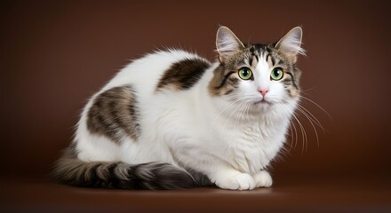 Beautiful domestic cat with green eyes lying down.