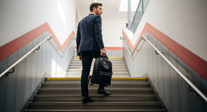 Businessman walking up stairs with backpack in modern building