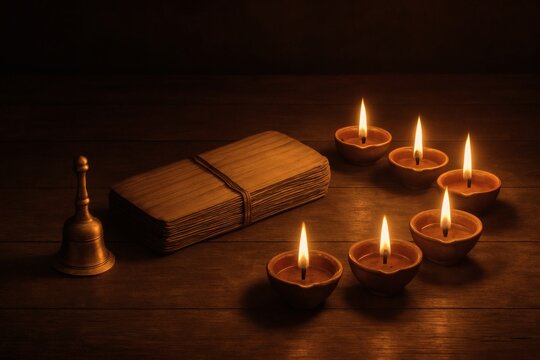 Clay oil lamps with burning flames around palm leaf manuscript and brass bell on wooden desk, warm candlelight still life for Jain Diwali or meditation