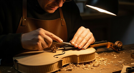 Luthier carefully crafting violin using traditional tools in workshop