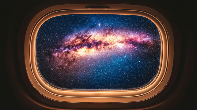 Breathtaking view of vibrant galaxy is seen through spacecraft window, showcasing spiral of stars and cosmic dust. scene evokes sense of wonder and exploration