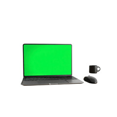 Modern Laptop with Green Screen, Mouse, and Coffee Cup - Workspace Mockup