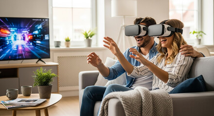 Excited couple exploring virtual reality at home using vr headsets