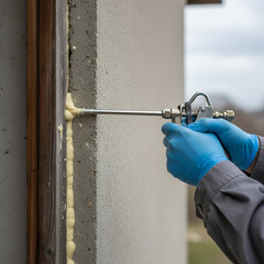 Construction worker applying foam sealant to a wall with a professional tool