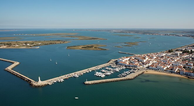 Aerial view of a charming coastal town with a bustling harbor and serene lagoon.