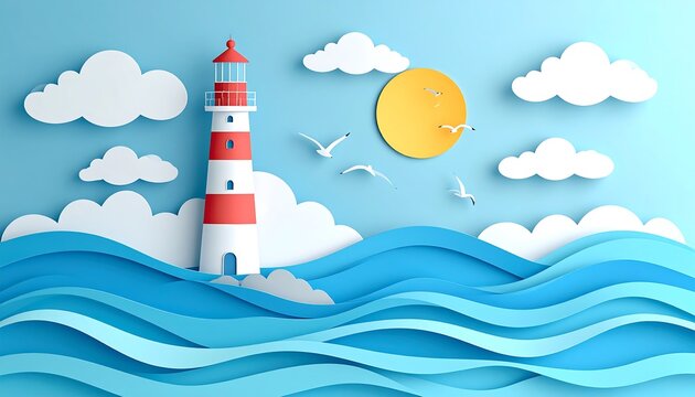 Lighthouse on wavy sea with clouds and sun - Powered by Adobe