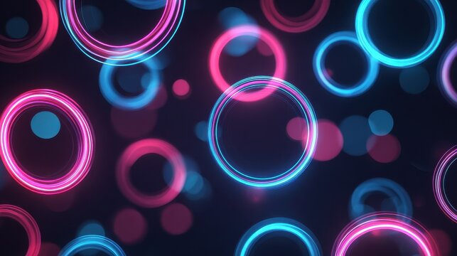 abstract glowing neon circles in pink and blue on a dark background futuristic design