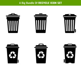 Recycle Bin Icon Set in Black Silhouette Style for Environmental Awareness Projects silhouette