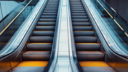 A modern escalator with metallic steps and handrails, illuminated by warm yellow light at the bottom, suggesting movement and progress in a contemporary space