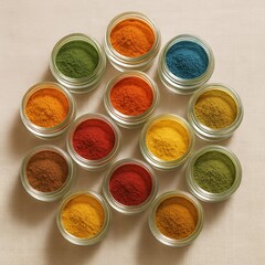 Eco friendly rangoli powders in glass jars arranged in circular mandala pattern, colorful natural pigments flat lay on neutral fabric background