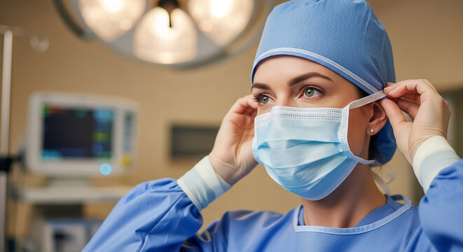 Female surgeon putting on surgical mask in operating room - Powered by Adobe