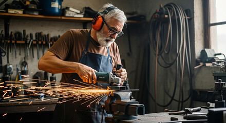 Metalworker using angle grinder creating sparks in workshop
