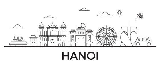 Hanoi Line Art skyline. Travel Hanoi famous landmarks. Business and tourism concept for presentation, banner, web site. with white background